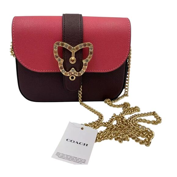 COACH GEMMA CROSSBODY PURSE WITH GEM BUTTERFLY BUCKLE IN GOLD & CRANBERRY - Picture 5 of 5